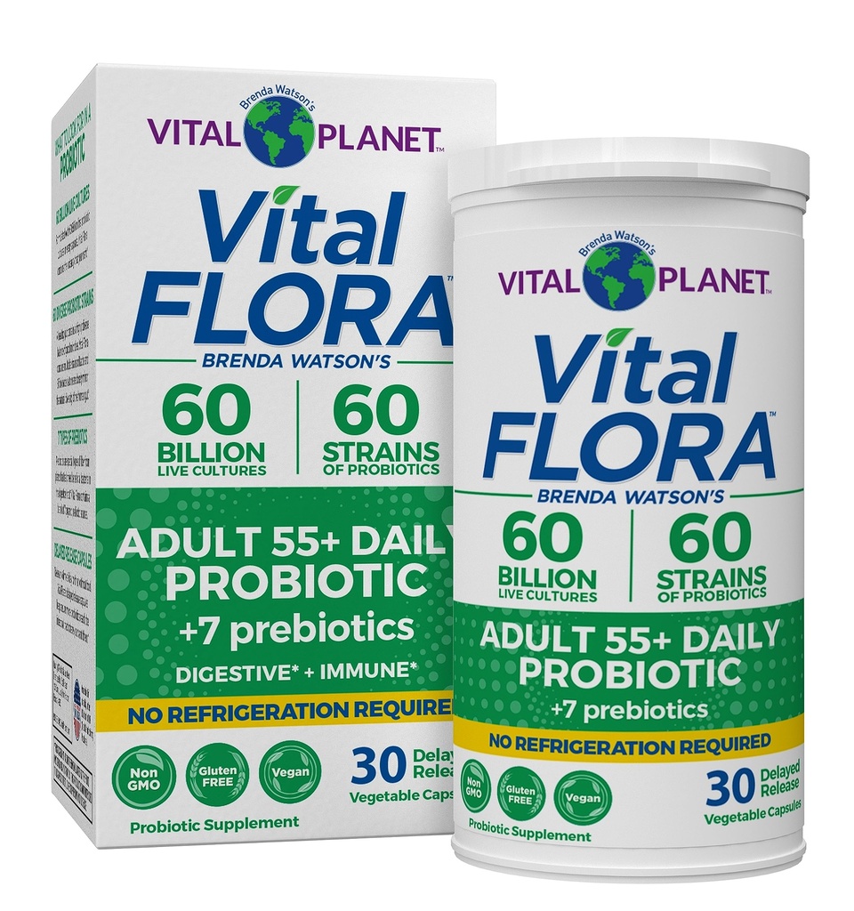 Vital Planet - Vital Flora Ενήλικες άνω των 55 Ημερήσιος Προβιοτικός 60 Δισεκατομμύρια CFU, Diverse Strains, Organic Prebiotics, Immune and Digestive Health Ράφι Σταθερά Προβιοτικά για γυναίκες και άνδρες, 30 Κάψουλες