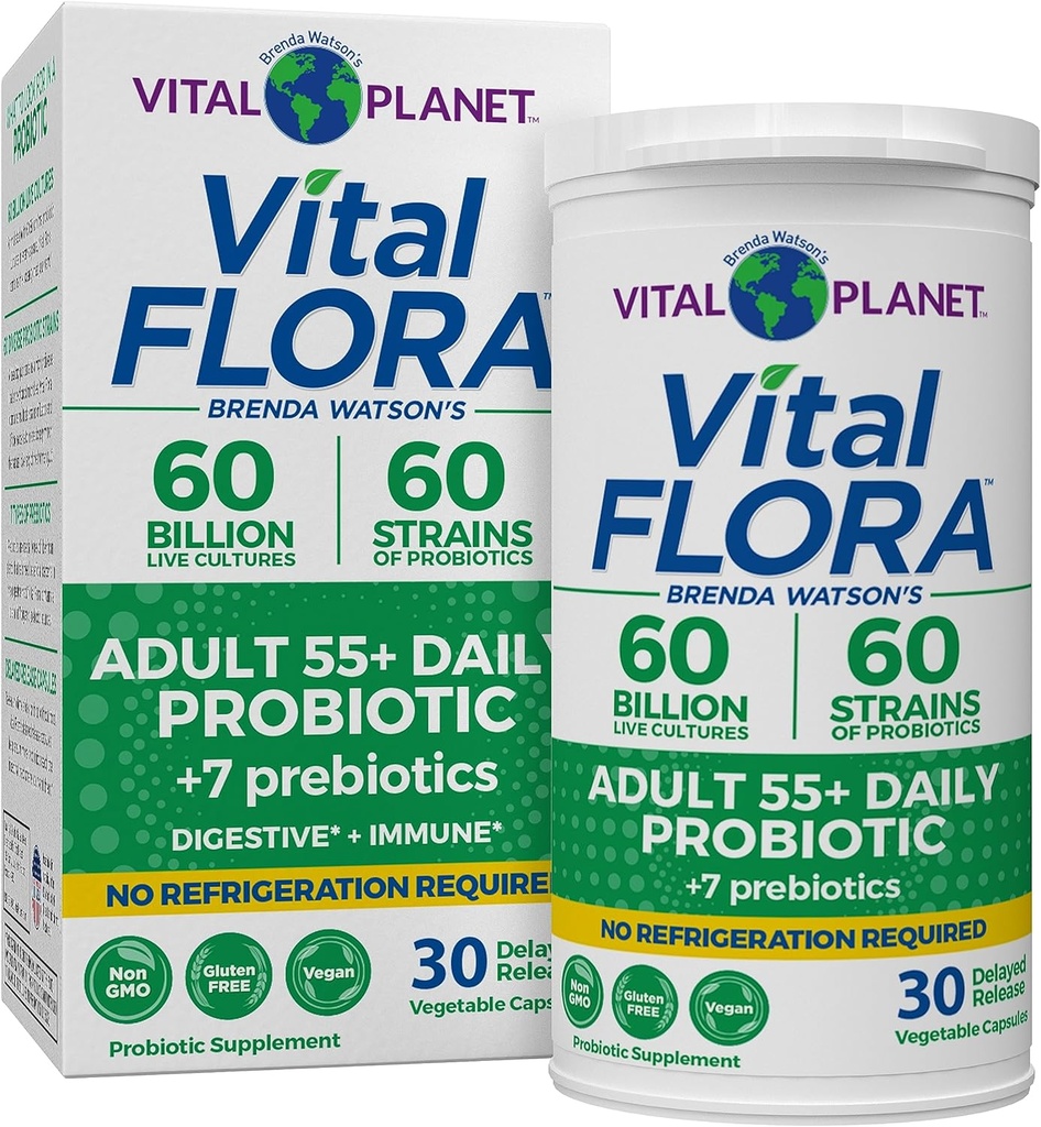 Vital Planet - Vital Flora Adults Over 55 Daily Probiotic 60 Billion CFU, Diverse Strains, Organic Prebiotics, Immune and Digestive Health Shelf Stable Probiotics for Women and Men, 30 Capsules