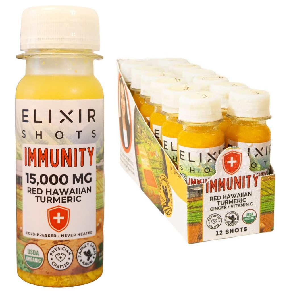 Elixir Shots, Immunity Boost Wellness Shot με ψυχρή πίεση Turmeric, Ginger, πορτοκαλί και μαύρο πιπέρι, χωρίς πρόσθετα σάκχαρα ή τεχνητά συστατικά, 12-συσκευασία