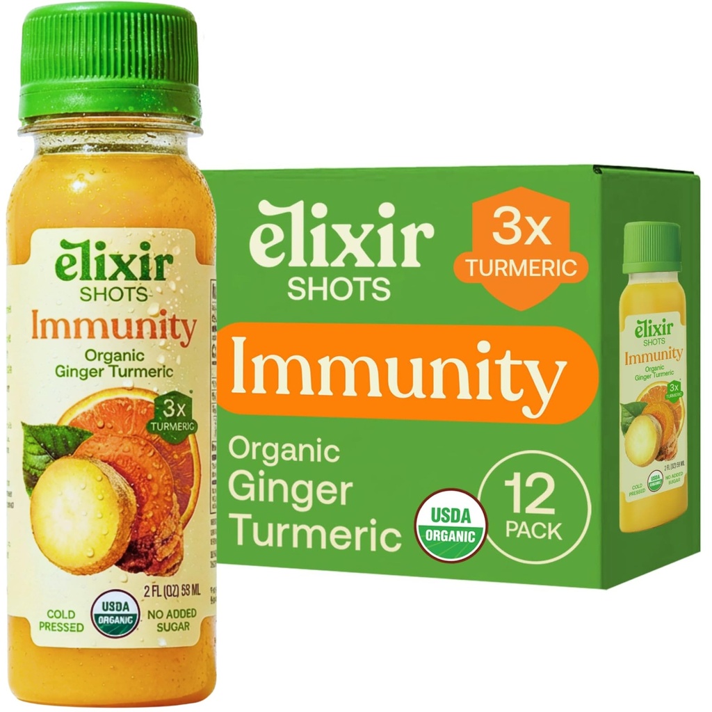 Elixir Shots, Immunity Daily Wellness Shot with Cold-Pressed Turmeric, Ginger, Lemon, Orange and Black Pepper, No Added Sugars or Artificial Ingredients, USDA Organic, 12-pack