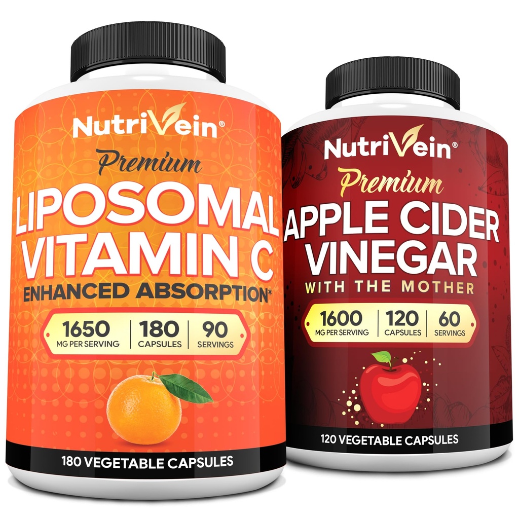 Nutrivein Premium κάψουλες μηλίτη μήλου & Liposomal Vitamin C συμπλήρωμα Δέσμη: Υψηλής Απορρόφησης Βιταμίνη C κάψουλες & Συμπληρώματα μηλίτη μήλου ξύσμα για την ανοσοάμυνα & την υγεία των ούλων