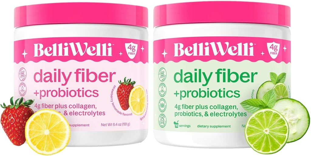 Belli Welli Daily Fiber Supplement Duo - φράουλα Λεμονάδα & Αγγούρι Lime Mint - με κολλαγόνο, προβιοτικά & ηλεκτρολύτες - Αναψυκτικές Γεύσεις για Ισορροπημένη Ευεξία - 32 Σύνολο Υπηρεσίες