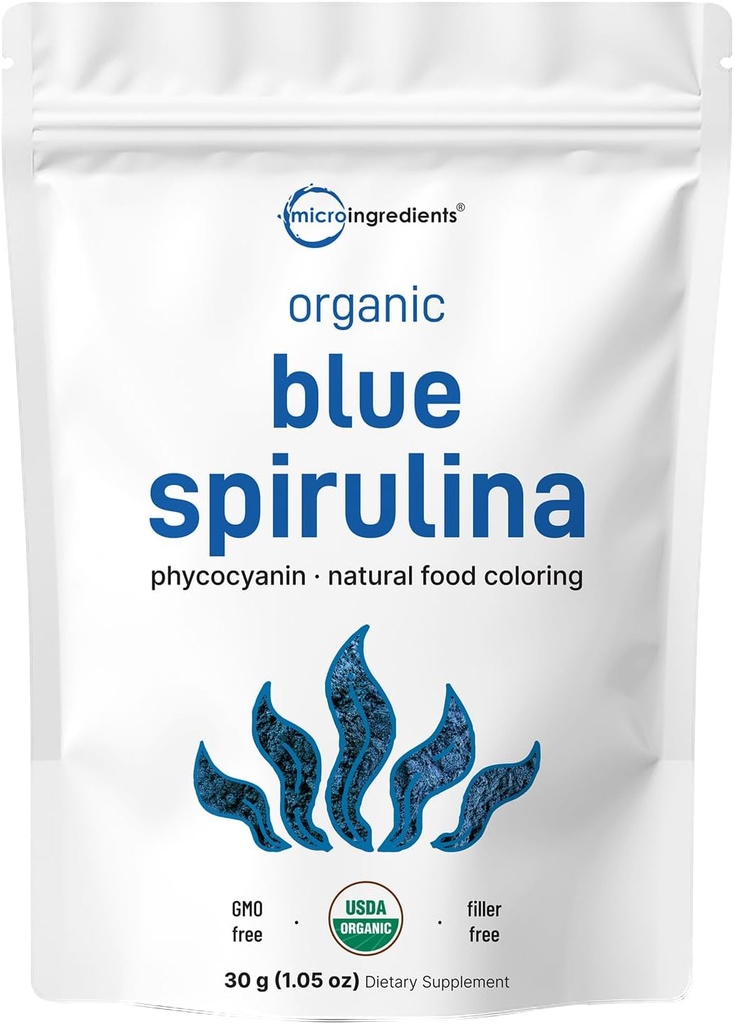 Βιολογικό μπλε σκόνη Spirulina (εκχύλισμα Phycocyanin), 30 σερβιέτες - Χωρίς ψαρίλα, 100% πρωτεΐνη Vegan από μπλε-πράσινο φύκη, φυσικό χρώμα φωτεινών τροφίμων για smoothies, Ψήσιμο, Ποτά & Μαγειρική
