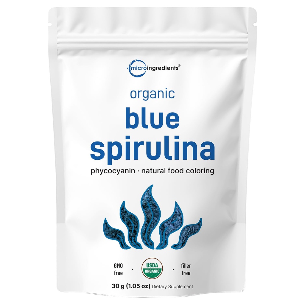 Βιολογικό μπλε σκόνη Spirulina (εκχύλισμα Phycocyanin), 30 σερβιέτες - Χωρίς ψαρίλα, 100% πρωτεΐνη Vegan από μπλε-πράσινο φύκη, φυσικό χρώμα φωτεινών τροφίμων για smoothies, Ψήσιμο, Ποτά & Μαγειρική