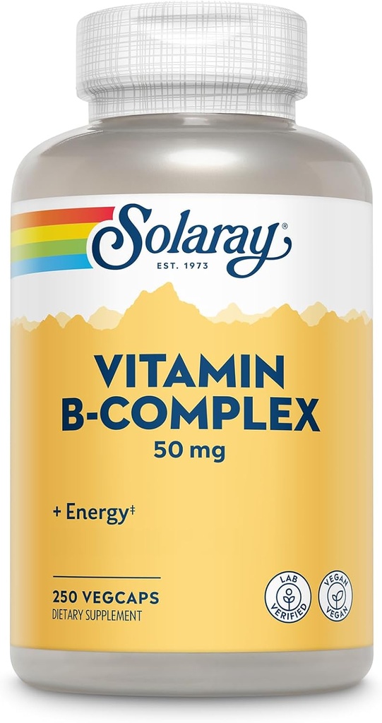 SOLARAY Vitamin B Complex 50 mg - Κυτταρική ενέργεια Βιταμίνες - Μεταβολισμός και Νευρική Υγεία Υποστήριξη με Βιταμίνη Β12, Βιταμίνη Β1, Β6, Νιασίνη, Φολικό οξύ, Βιοτίνη και άλλες Βιταμίνες Β - Vegan, 250 VegCaps