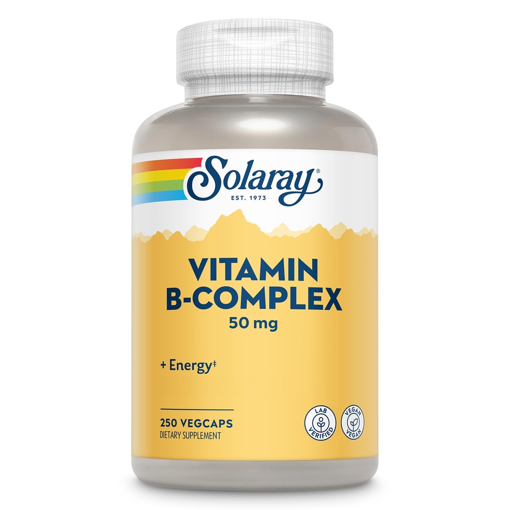 SOLARAY Vitamin B Complex 50 mg - Κυτταρική ενέργεια Βιταμίνες - Μεταβολισμός και Νευρική Υγεία Υποστήριξη με Βιταμίνη Β12, Βιταμίνη Β1, Β6, Νιασίνη, Φολικό οξύ, Βιοτίνη και άλλες Βιταμίνες Β - Vegan, 250 VegCaps