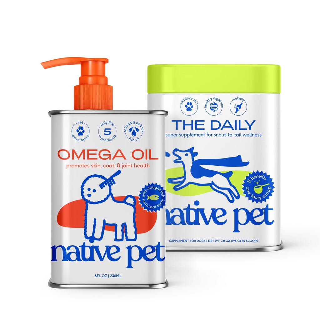 Native Pet Pack Leaders Bundle - Daily Dog Multivitamin (7 oz.) & Omega Oil for Dogs (8 oz.) - Omega 3 Fish Oil for Healthy Skin, Shiny Coat, & Strong Joints & Daily Multivitamin for Pups