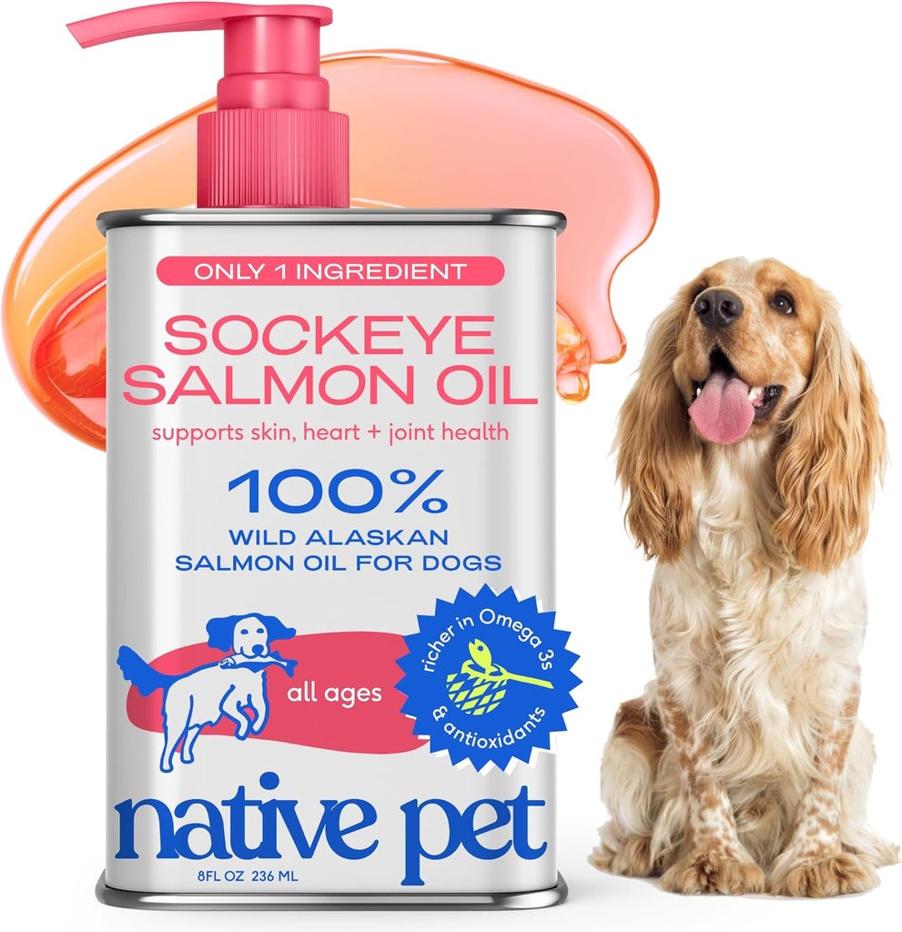 Native Pet Salmon Oil for Dogs & Cats – Αμιγές Ωμέγα-3 Fish Oil for Dogs Supplement for Skin & Coat, Joint & Heart Health - Σκύλος Αντιφλεγμονώδες – 100% Wild-Caught Alaska Sockeye Salmon – 8 oz