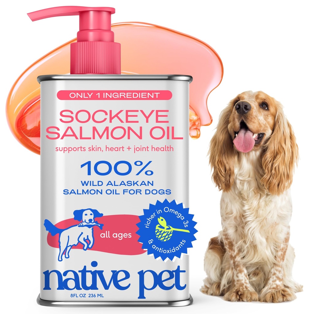 Native Pet Salmon Oil for Dogs & Cats – Αμιγές Ωμέγα-3 Fish Oil for Dogs Supplement for Skin & Coat, Joint & Heart Health - Σκύλος Αντιφλεγμονώδες – 100% Wild-Caught Alaska Sockeye Salmon – 8 oz