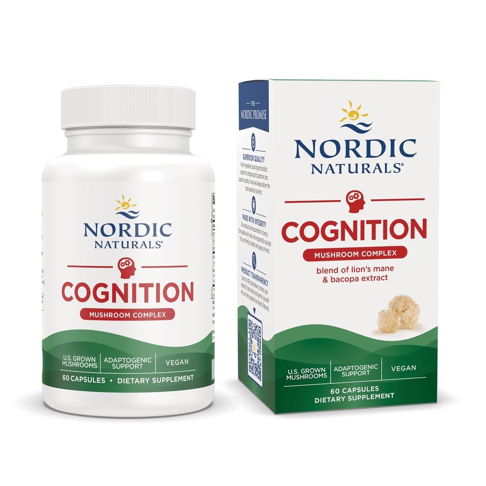 Nordic Naturals Cognition Mushroom Complex, Unflavored - 60 Κάψουλες - Εγκεφαλική, Μνήμη & Mood Υποστήριξη - Blend του Mane Mushroom & Bacopa Extract του Λέοντος - Μη ΓΤΟ - Πιστοποιημένο Vegan - 30 Υπηρεσίες
