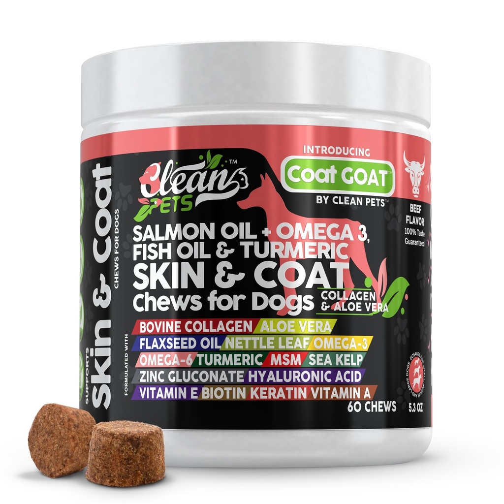 Clean Pets Salmon Oil Omega 3 Fish Oil for Dogs Skin and Coat Supplement | Dog Collagen Aloe Vera Biotin Keratin Flaxseed Nettle Leaf Sea Kelp Hyaluronic Acid Brewers Yeast Vitamin A - Coat Goat