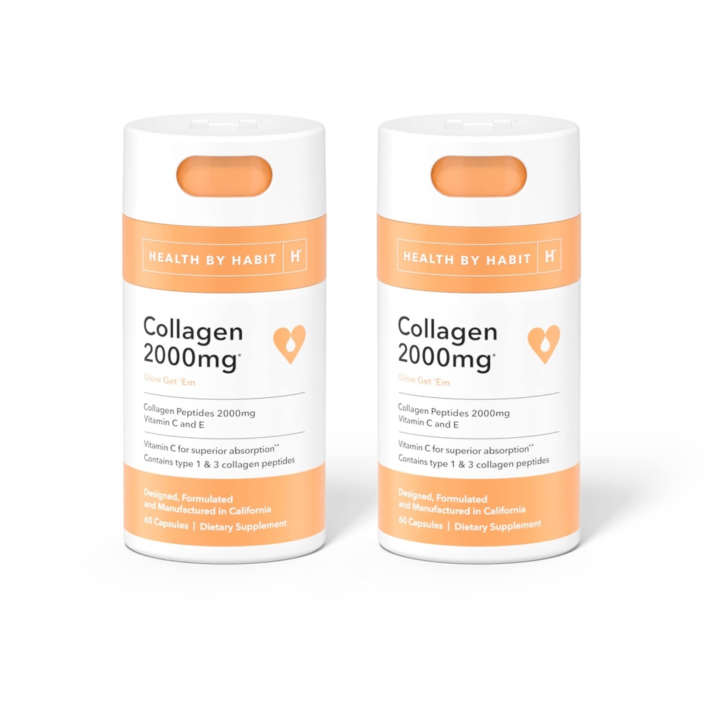 Health by Habit Collagen Supplement 2 Pack (120 Κάψουλες) - Βιταμίνη C & Βιταμίνη Ε, 2000mg, Κολλαγόνο Πεπτίδια, Ανώτερη Απορρόφηση, Υποστήριξη του Δέρματός σας, Μη-ΓΤΟ, Χωρίς Ζάχαρη (2 Συσκευασία)