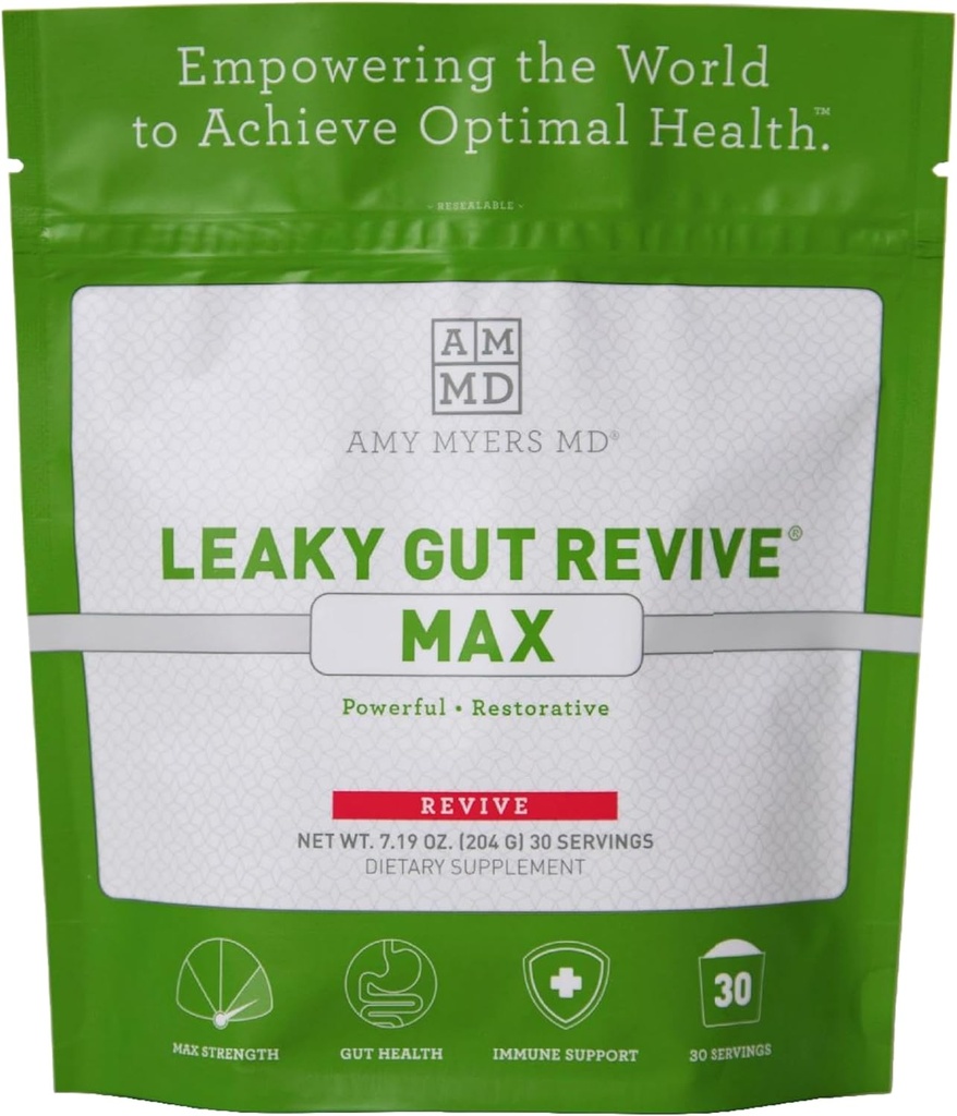 Amy Myers MD Leaky Gut Revive MAX Powder for Leaky Gut Repair “ Ισχυρή L-Glutamine Powder to Support Constipation, IBS, Diarrhea, Bloating, Gas, SIBO “Συμπλήρωμα με βάση το φυτό για την υγεία των ούλων, 1 μήνα
