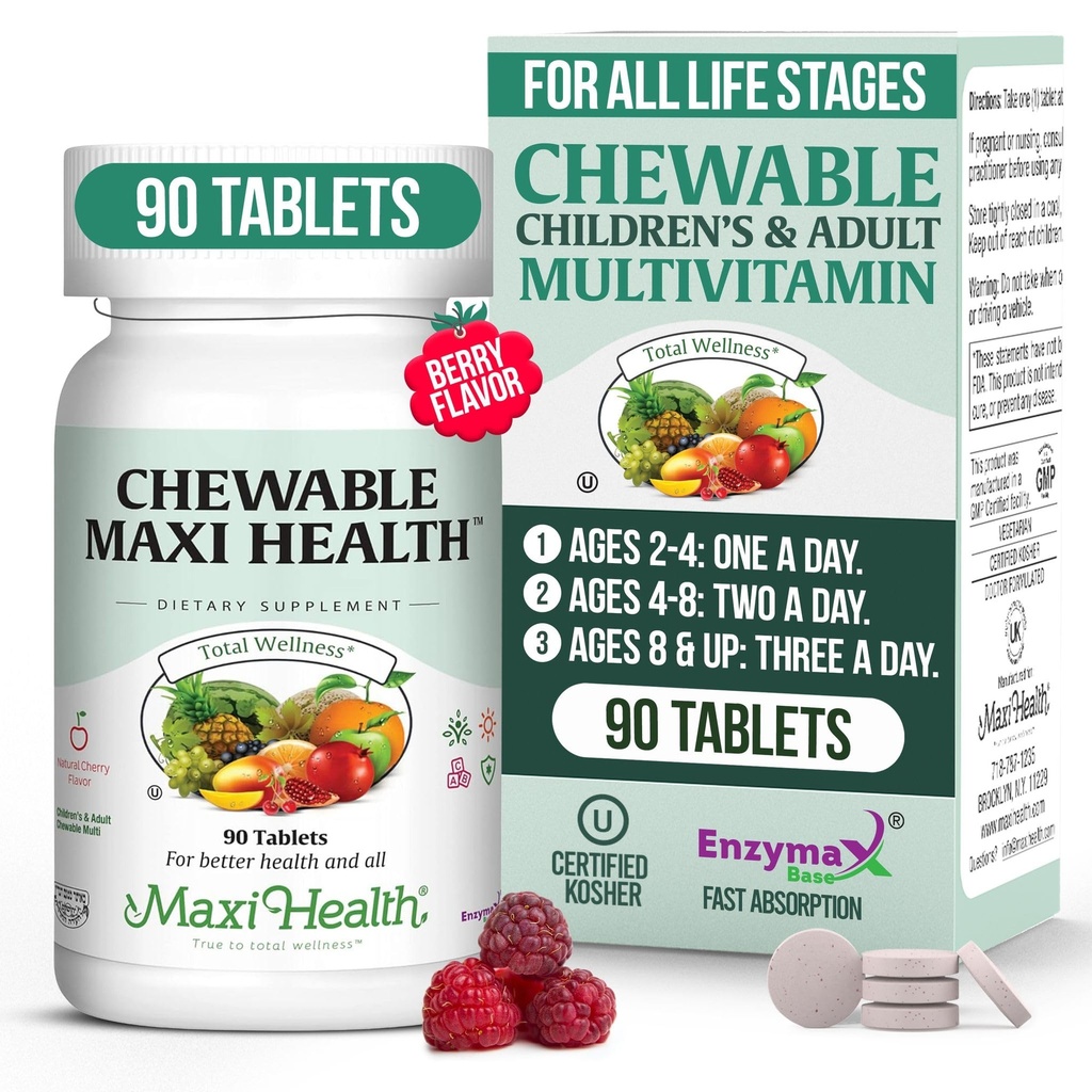 Maxi Health Chewable Multivitamin για παιδιά, εφήβους και ενήλικες - Cherry Chewable Vitamins για ενήλικες & παιδιά - Kosher Kids Multivitamin + Iron (90 δισκία)