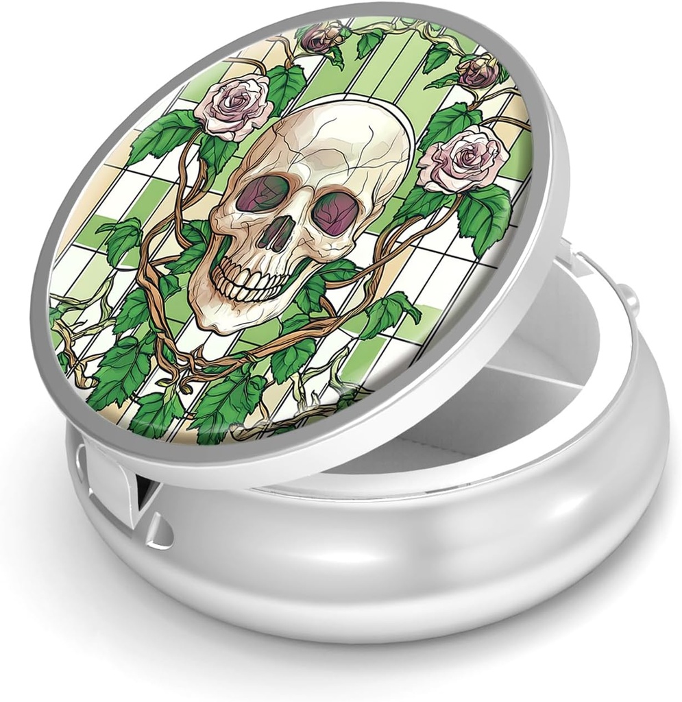 Χάπια Box-3 Διαμέρισμα Μικρό Χάπια Θήκη για Αγορές & Pocket Mini Μεταλλικό Χάπια Κάτοχος Ταξιδιωτικό Χάπια Δοχείο για να κρατήσει συμπληρώματα Βιταμίνες BPA-Free (Skull and Rose)