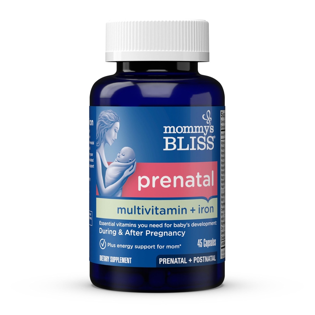 Mom's Bliss Προγεννητική πολυβιταμίνη με σίδηρο και φολικό οξύ, υποστηρίζει την ανάπτυξη του μωρού + μαμά ανοσοποιητικό σύστημα & Ενεργειακά επίπεδα w/B Βιταμίνες & προβιοτικά, Vegan & Gluten Free (45 εξυπηρετούν)