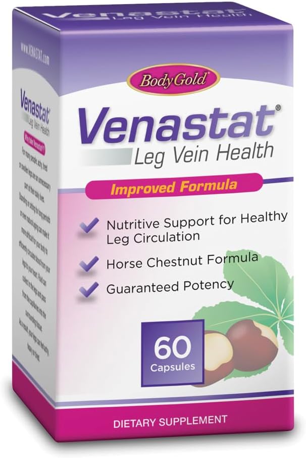 Body Gold Venastat - Leg Vein Υποστήριξη συμπληρώματα, Horse Chestnut Συμπληρώματα, Herbal Circulatorary Υποστήριξη με Diosmin για άνδρες & γυναίκες, υγιή ροή αίματος & κυκλοφορία - 60 κάψουλες Veggie