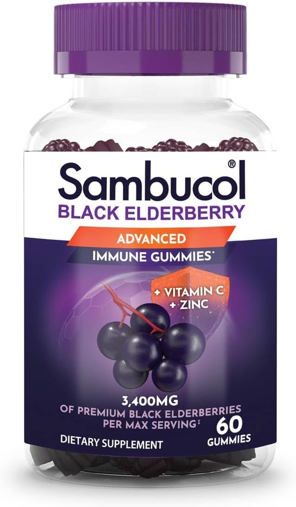 Sambucol Black Elderberry Gummies - Elderberry με ψευδάργυρο και βιταμίνη C για ενήλικες, Sambucus Gummies, ανοσοποιητική υποστήριξη - 60 κόμης