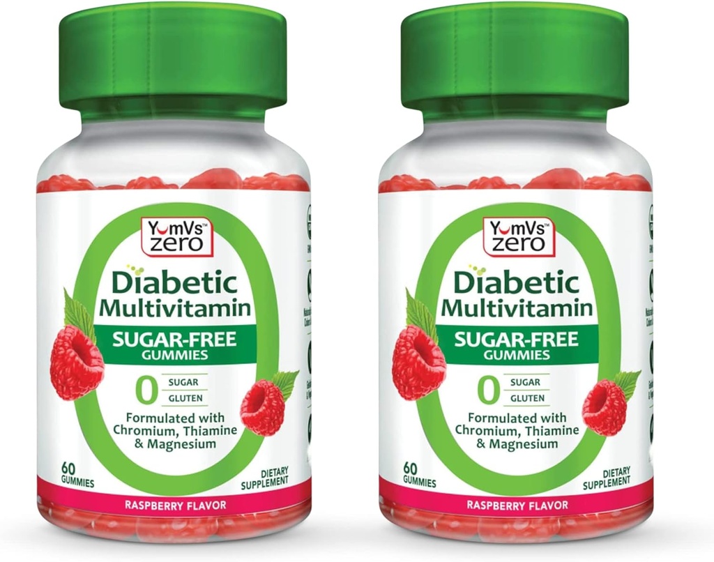 YUM-V'S Multivitamin Gummies | Sugar Free Supplement Vitamins for Women & Men | Chromium, Thiamine and Magnesium | Natural Raspberry Flavor Chewables - 60 Count- (Pack of 2)