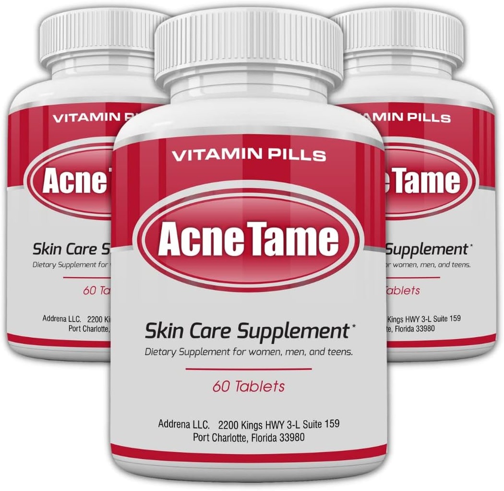 Acne Pills- Acne Tame 3 Pack Συμπλήρωμα- Διαυγές χάπι βιταμινών δέρματος για λιπαρή θεραπεία του δέρματος, ορμονικές κηλίδες, κηλίδες & κυστική ακμή Συμπληρώματα για γυναίκες, άνδρες, εφήβους και ενήλικες- 180 δισκία