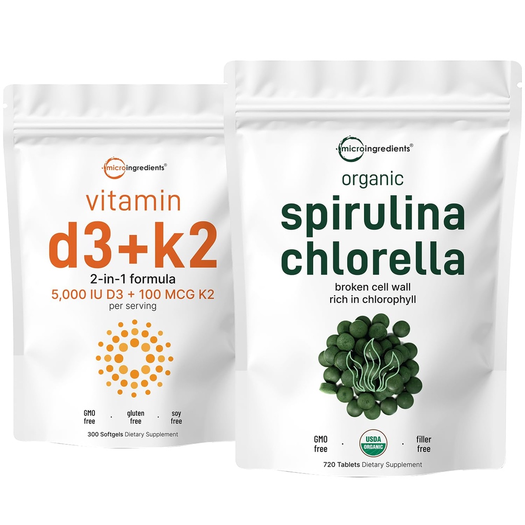 Micro Ingredients Organic Chlorella Spirulina 3000mg Tablets & Vitamin D3 5000iu + K2 100mcg Bundle 2 Pack 