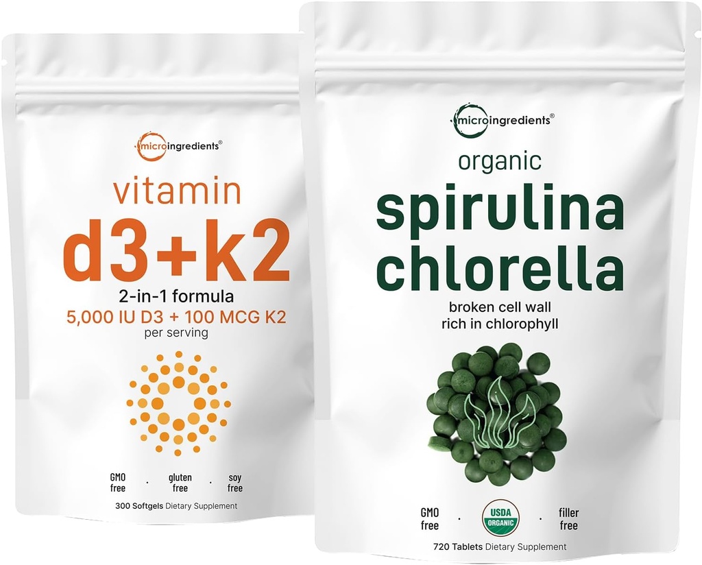 Micro Ingredients Organic Chlorella Spirulina 3000mg Tablets & Vitamin D3 5000iu + K2 100mcg Bundle 2 Pack 