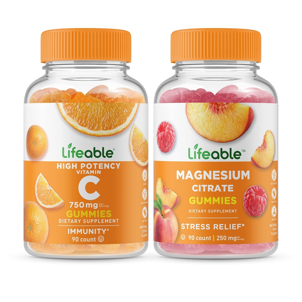 Ζωηρή βιταμίνη C 750mg + Μαγνήσιο 85mg, Gummies Bundle - Μεγάλη γεύση, συμπλήρωμα βιταμίνης, χωρίς γλουτένη, χωρίς ΓΤΟ, Μασώμενη Gummy