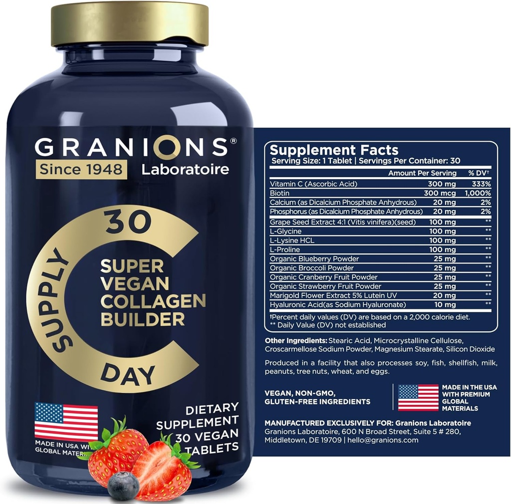 Vegan Collagen Συμπληρώματα για γυναίκες και άνδρες - Plant Based Collagen Boost Tablets - Beauty Booster Vegan Biotin, Hyaluronic Acid, Amino Acids, Organic Collagen Peptides - 30 Collagen Vegan Pills