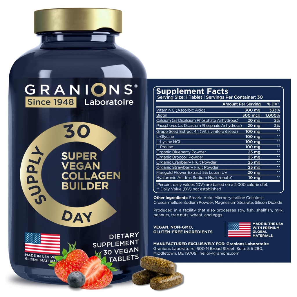 Vegan Collagen Supplements for Women and Men - Plant Based Collagen Boost Tablets - Beauty Booster Vegan Biotin, Hyaluronic Acid, Amino Acids, Organic Collagen Peptides - 30 Collagen Vegan Pills