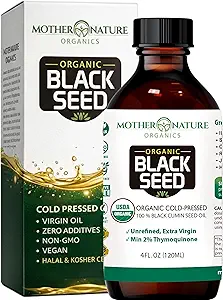 Mother Nature USDA Organic Black Seed Oil – Cold Pressed, Unrefined & Vegan Nigella Sativa, High Thymoquinone (2%+), Omega 3 6 9 for Immune, Joint & Heart Support, Hair & Skin, Non-GMO, 4oz