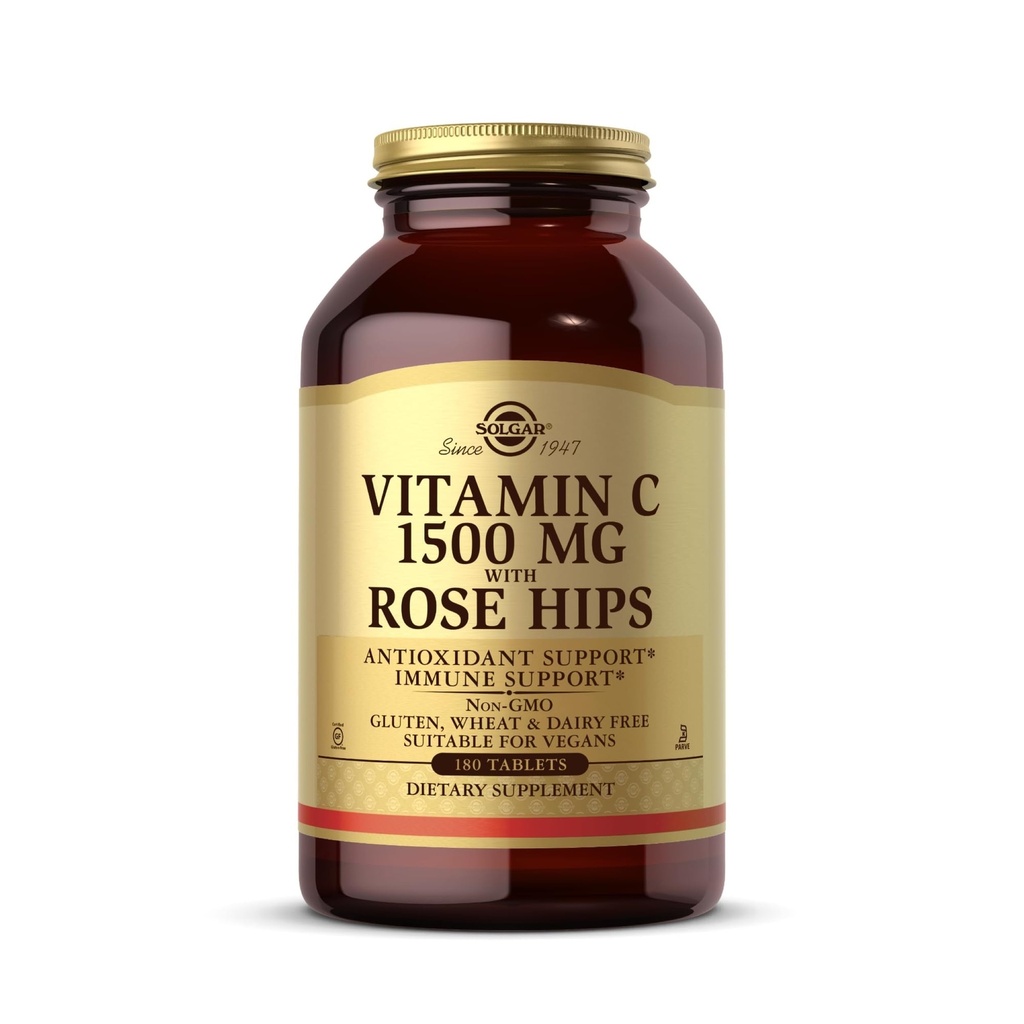 Solgar Vitamin C 1500 mg με Rose Hips, 180 δισκία - Αντιοξειδωτική & Ανοσοποιητική Υποστήριξη - Συνολική Υγεία - Υποστηρίζει Υγιές Δέρμα & αρθρώσεις - Μη ΓΤΟ, Vegan, Χωρίς γλουτένη, Χωρίς γαλακτοκομικά, Kosher - 180 Σερβιέτες
