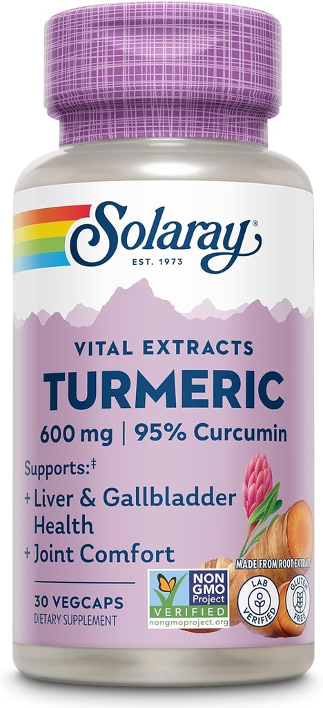SOLARAY Turmeric Supplement 600mg - Turmeric Root with 95% Curcumin - Joint Support Supplement - Joint Health, Gallbladder and Liver Support, Non-GMO, Vegan, Gluten Free, 60-Day Guarantee, 30 Servings