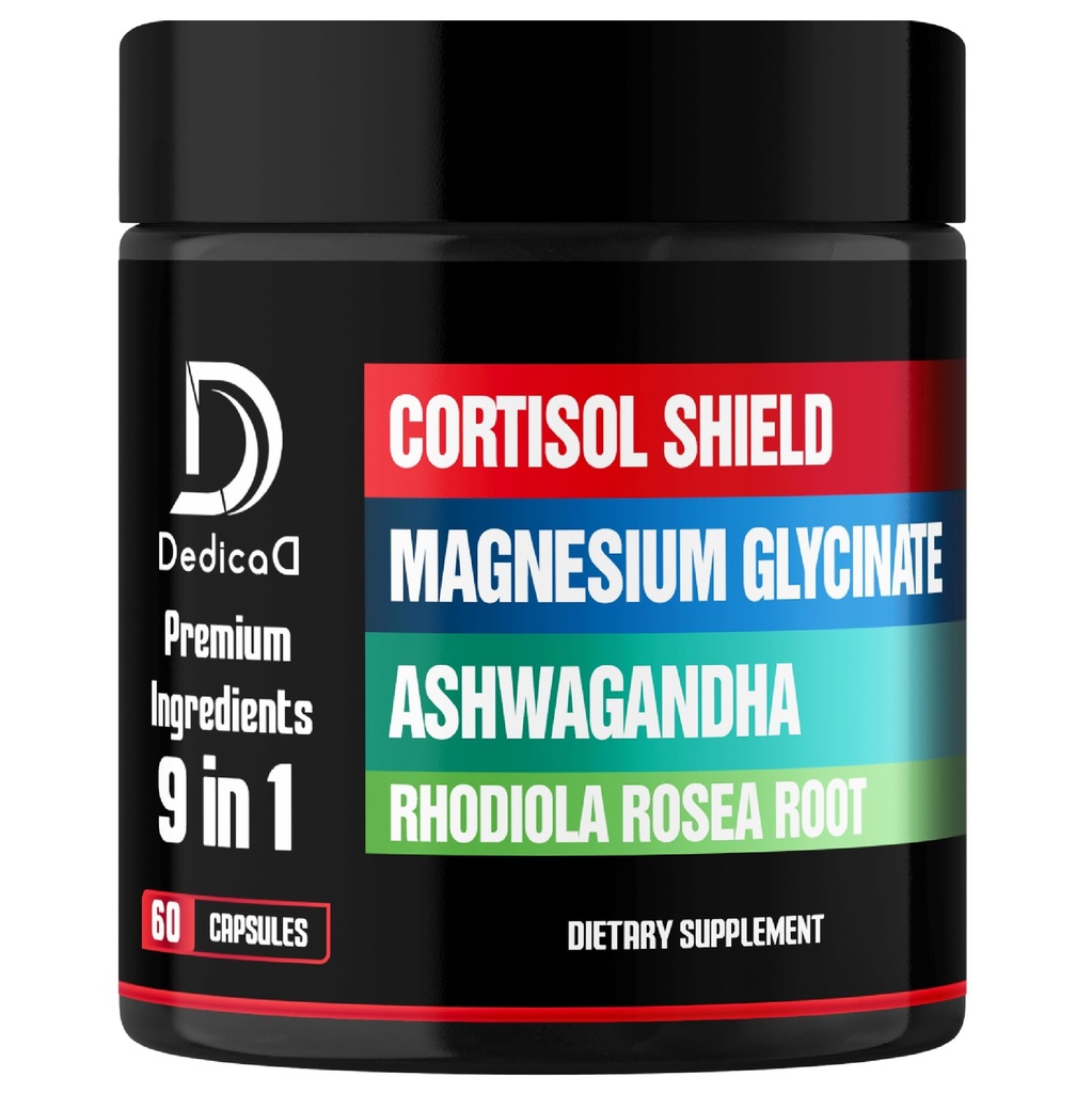 9in1 Cortisol Shield - Μαγνήσιο Γλυκινικό & Ashwagandha με Rhodiola, Phosphatidylserine, Passion Flower, L-Theanine, Apigenin, Licorice, Magnolia - Rest Well & Mood Balance - 60 Count