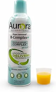 Aurora Nutrascience Mega-Liposomal B-Complex + Βιταμίνη C, Υποστηρίζει την ενέργεια, ανοσοποιητικό & νευρικό σύστημα υγεία, χωρίς γλουτένη, μη ΓΤΟ, ζάχαρη-ελεύθερο, οργανική γεύση φρούτων, 32 εξυπηρετούν, 16 fl oz