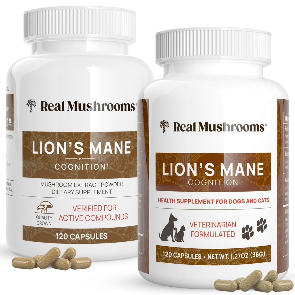 Real Mushrooms Lions Mane for Humans (120ct) and Pets (120ct) - Bundle for Cognition & Immunity - Vegan, Non-GMO, Gluten-Free, Grain-Free Mushroom Extract Supplements
