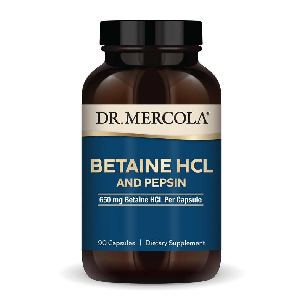 Dr. Mercola Betaine HCL & Pepsin - Συμπλήρωμα υποστήριξης για την ισορροπία pH - Βοηθήματα Ορυκτής & θρεπτικής Απορρόφησης - Επιπεφυκτικό βοήθημα - Μη ΓΤΟ, Χωρίς γλουτένη & χωρίς σόγια - 90 κάψουλες (30 υπηρεσίες)