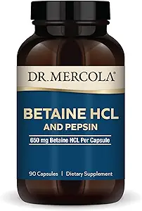 Dr. Mercola Betaine HCL & Pepsin - Συμπλήρωμα υποστήριξης για την ισορροπία pH - Βοηθήματα Ορυκτής & θρεπτικής Απορρόφησης - Επιπεφυκτικό βοήθημα - Μη ΓΤΟ, Χωρίς γλουτένη & χωρίς σόγια - 90 κάψουλες (30 υπηρεσίες)