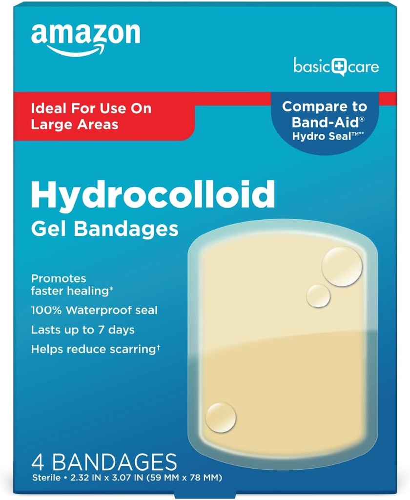 Βασική φροντίδα Advanced Fast Healing Hydrocolloid Gel Banges, Μεγάλο Φόρεμα Τραυμάτων, 4 ct