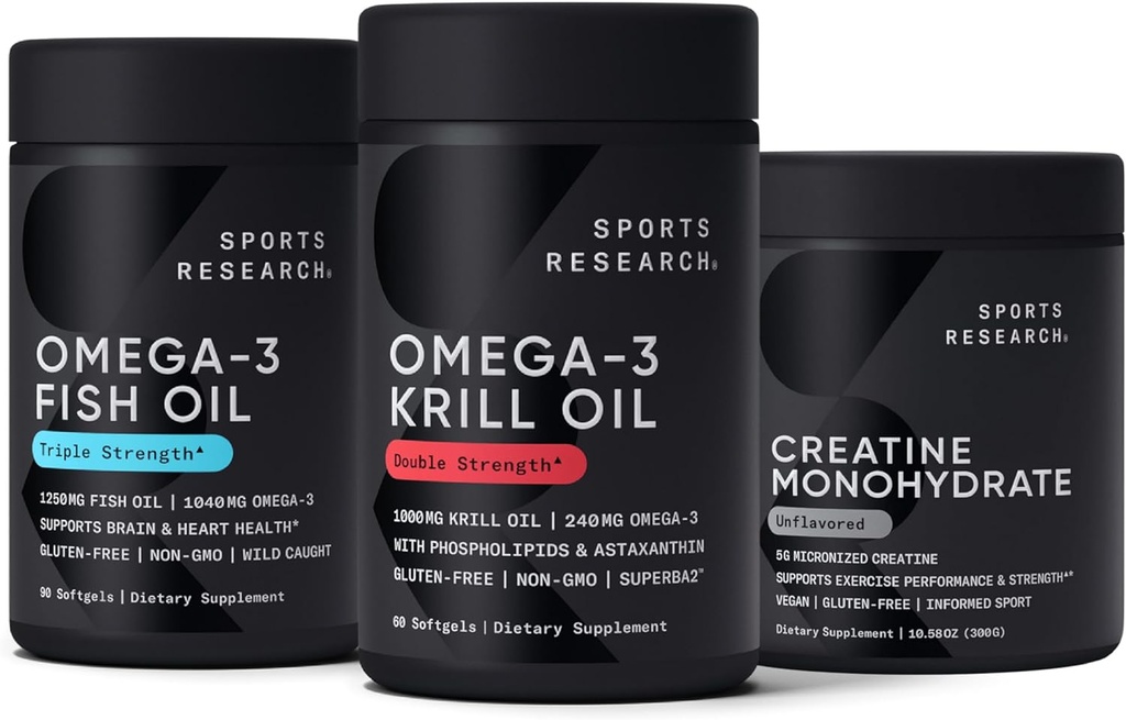 Sports Research Creatine Monohydrate Enhanced by The Omega Power House Ανταρκτική Krill & Fish Oil with Triple Strength EPA DHA and Phospholipids, Choline & Aspaxanthin - Fit for Champions