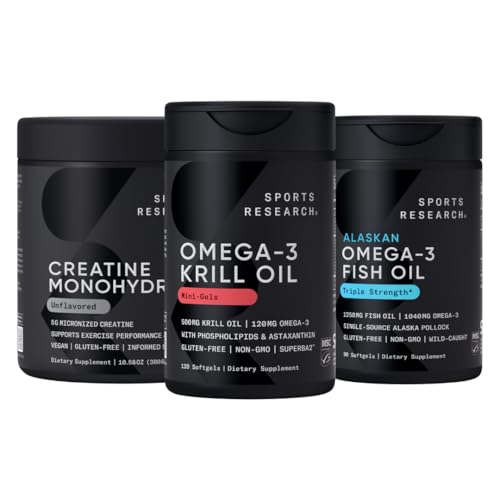 Sports Research® Creatine Monohydrate Enhanced by The Omega Power House Antarctic Krill & Fish Oil with Triple Strength EPA DHA and Phospholipids, Choline & Astaxanthin - Fit for Champions
