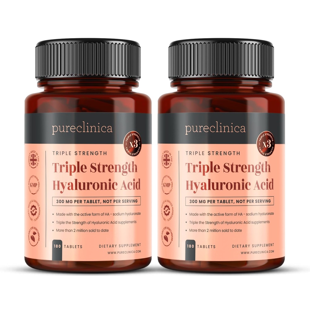 Pureclinica Υαλουρονικό Οξύ 300mg x 360 Δισκία (2 Φιάλες 180-12 Μήνες Προμήθεια). Τριπλή Δύναμη Υαλουρονικό οξύ. 300% ισχυρότερο από οποιοδήποτε άλλο δισκίο HLA.