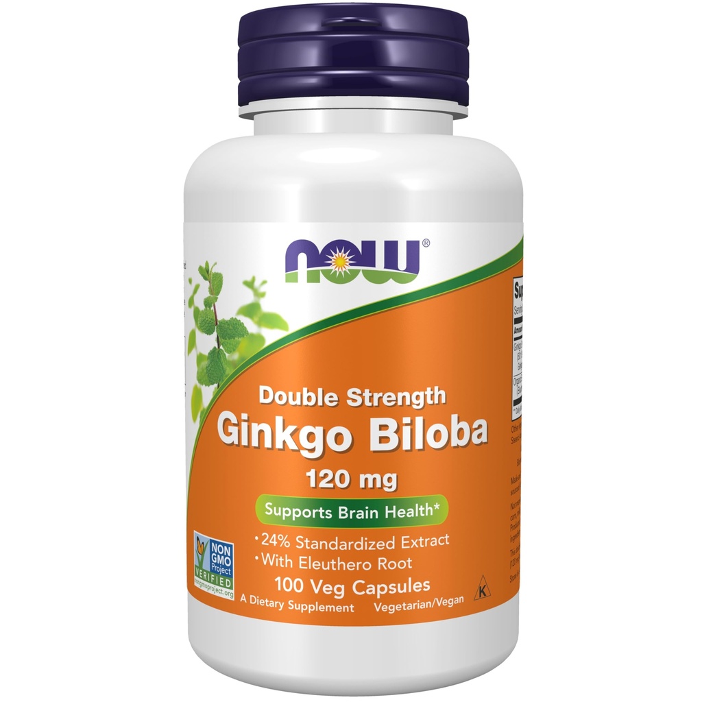 NOW Συμπληρώματα Τροφίμων, Ginkgo Biloba 120 mg, Διπλή Δύναμη, Μη ΓΤΟ Πρόγραμμα Επαληθευμένο, 100 κάψουλες Veg