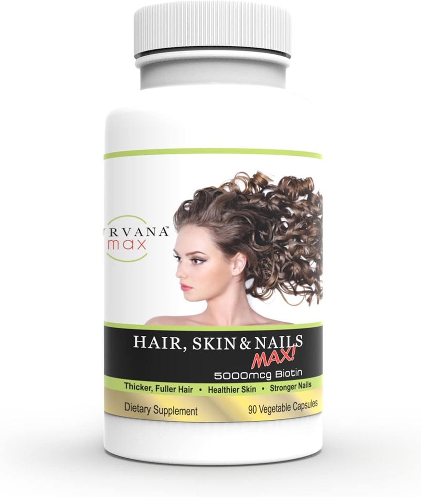 Wellgenix Purvana Max Hair, Skin & Nails Βιταμίνη: Βιοτίνη 5000mcg για την ενίσχυση της ανάπτυξης των μαλλιών, την πρόληψη της απώλειας μαλλιών για γυναίκες & άνδρες, Vegan, Ιδανική για Post Partum & PSOS, 90 Count, Pack of 1