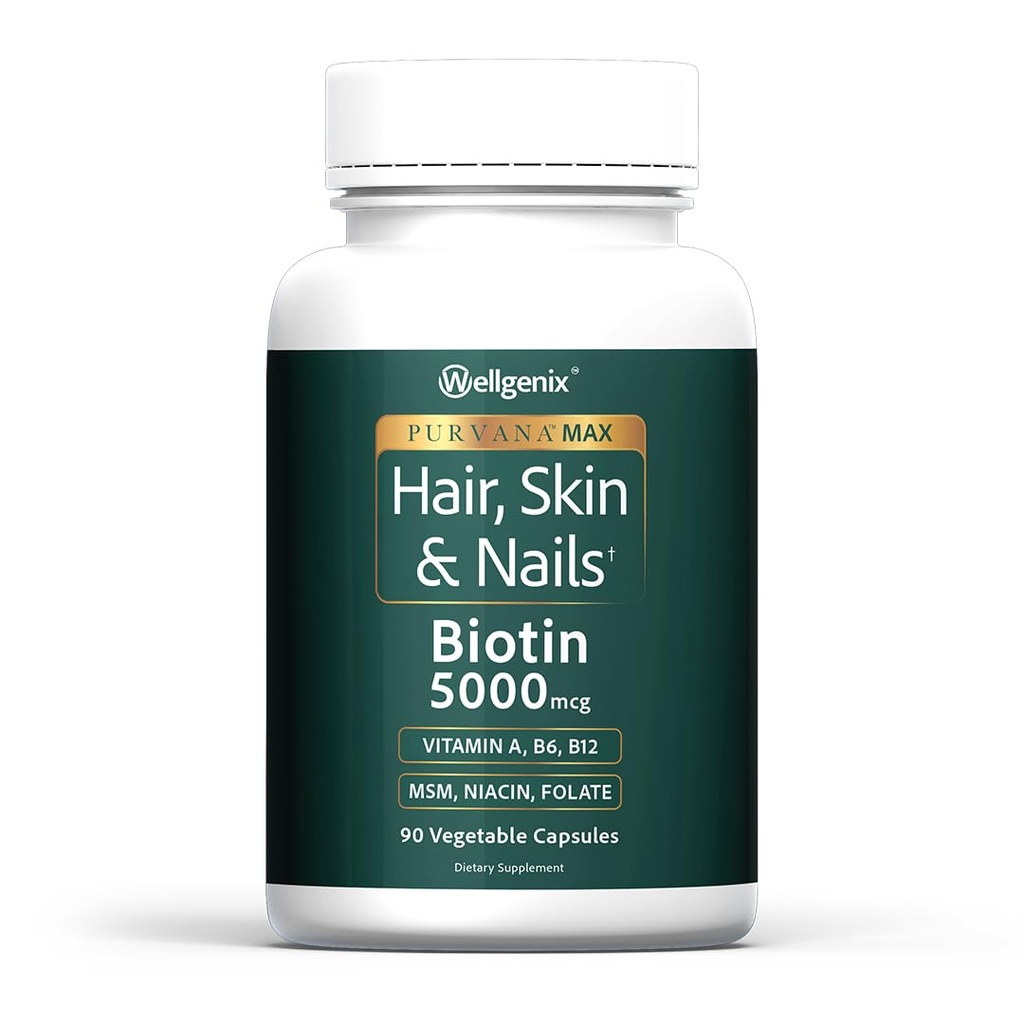 Wellgenix Purvana Max Hair, Skin & Nails Βιταμίνη: Βιοτίνη 5000mcg για την ενίσχυση της ανάπτυξης των μαλλιών, την πρόληψη της απώλειας μαλλιών για γυναίκες & άνδρες, Vegan, Ιδανική για Post Partum & PSOS, 90 Count, Pack of 1