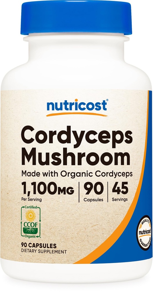 Κάψουλες μανιταριών Nutricost Cordyceps 1100mg, 45 Serv - CCOF Certified Made with Organic, Vegetarian, Gluten Free, 550mg ανά κάψουλα (90 κάψουλες)