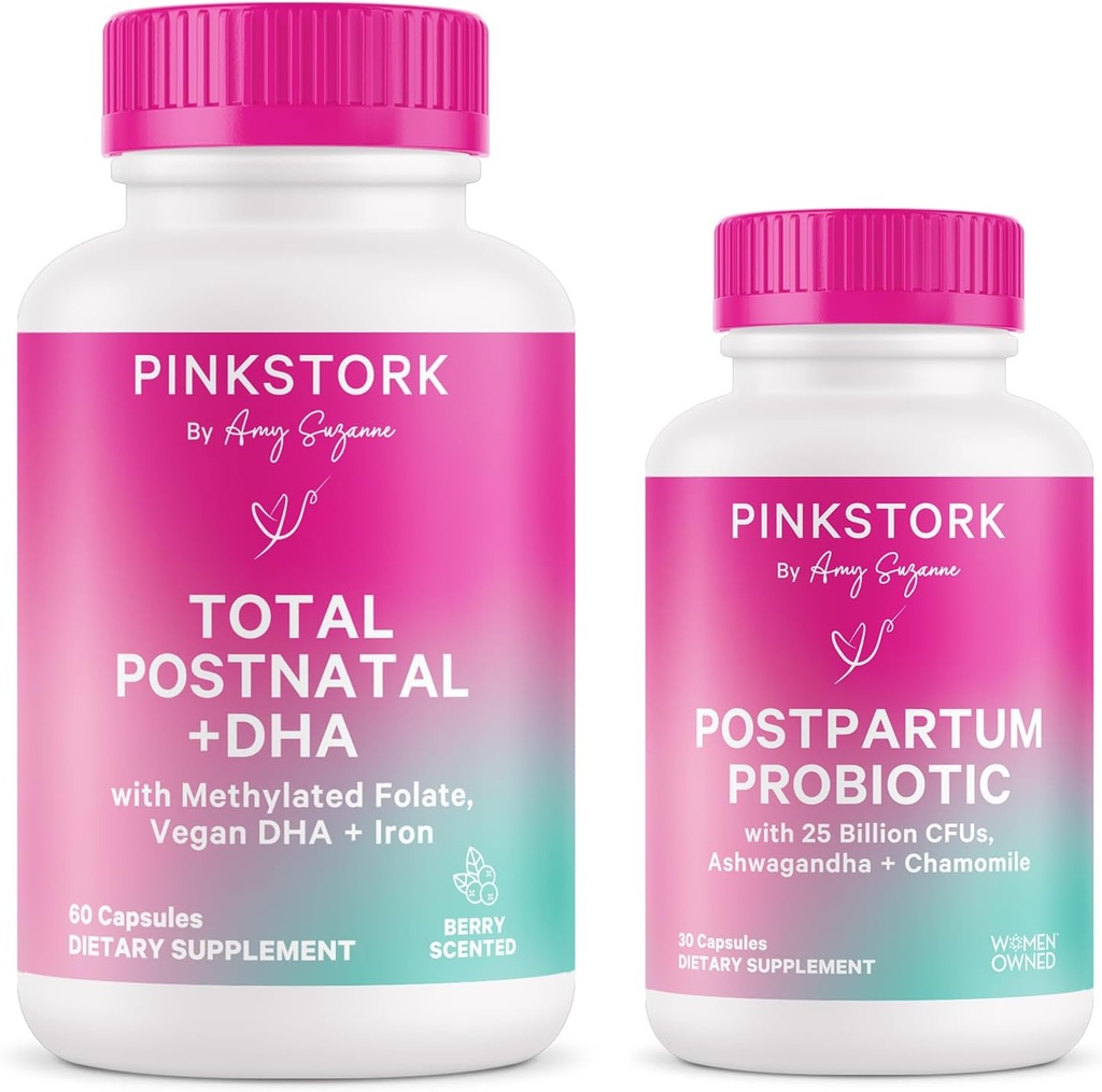 Pink Stork Μεταγεννητική Πολυβιταμίνη + Προβιοτικά με Vegan DHA, Ashwagandha, σίδηρο, Folate, B12 - Υποστηρίζει την ισορροπία ορμονών, ανάνηψη μετά τον τοκετό, την υγεία των ούρων, & Digestion - Πακέτο των 2