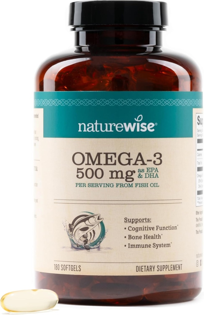 NatureWise Omega 3 Fish Oil - 500 mg ανά χάπι - EPA & DHA - Ανοσολογική Υποστήριξη, Εγκεφαλική Υγεία & Βέλτιστη Ευεξία - Γλουτένη και χωρίς σόγια, Μη ΓΤΟ - 180 Softgels[6-Month Supply]