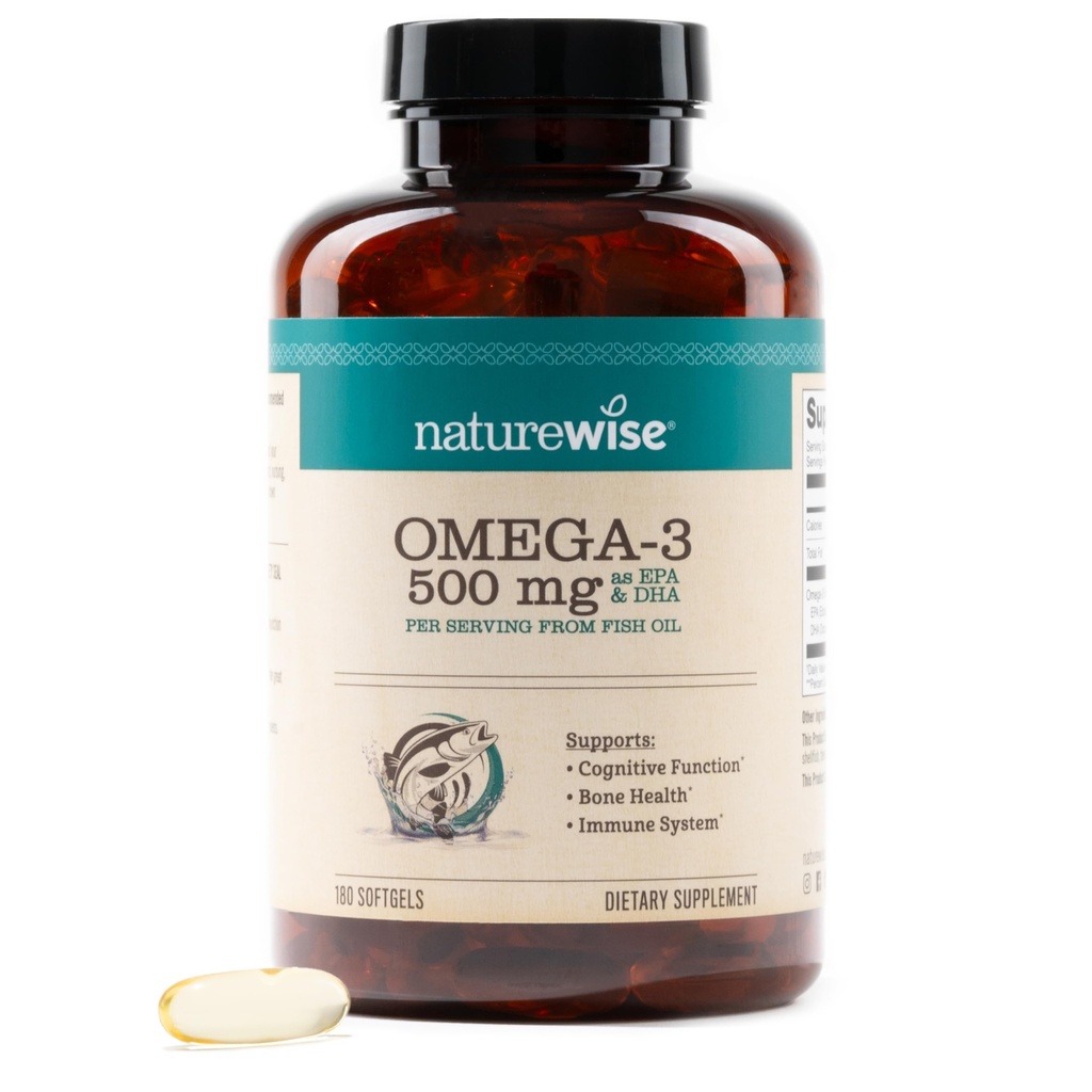 NatureWise Omega 3 Fish Oil - 500 mg ανά χάπι - EPA & DHA - Ανοσολογική Υποστήριξη, Εγκεφαλική Υγεία & Βέλτιστη Ευεξία - Γλουτένη και χωρίς σόγια, Μη ΓΤΟ - 180 Softgels[6-Month Supply]