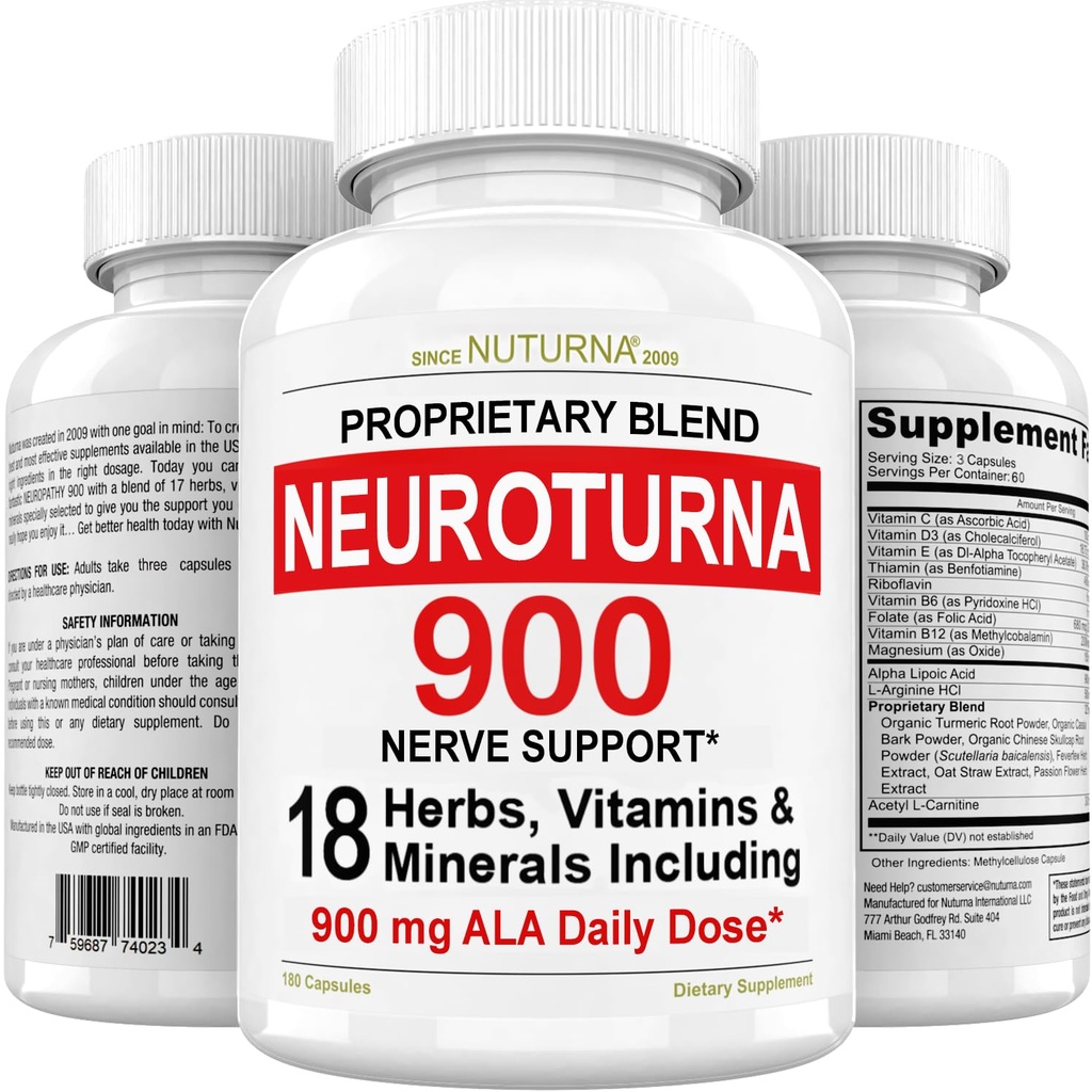 Neuroturna Support Supplement with 900 mg Alpha Lipoic Acid - Advanced ALA Formula for Feet Hands Fingers Legs - Ultra Potent 18 in 1 Natural Vitamins - 180 Capsules