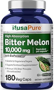 NusaPure Bitter Melon Extract 10,000 mg 180 Vegan Caps (100% Vegetarian, Non-GMO, Gluten-Free, 10% Bitter Principles) Bioperine